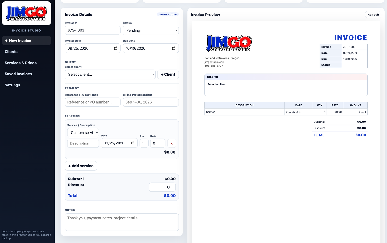 JIMGO Invoice Creator interface and invoice preview