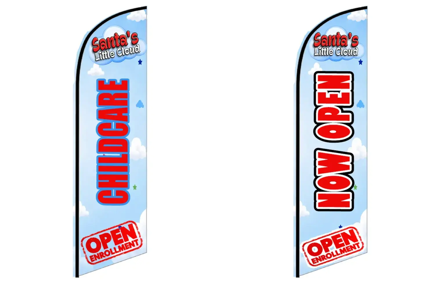 Two childcare feather flags shown together