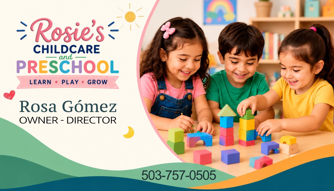 Rosie’s Childcare business card, front